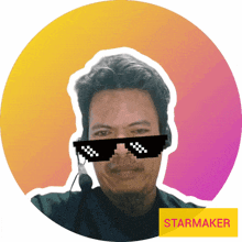 a sticker of a man wearing sunglasses with the word starmaker on the bottom right