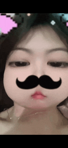 a close up of a woman 's face with a fake mustache on it