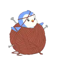 a penguin is tied to a ball of yarn