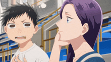 a man and a woman are standing next to each other and the woman has a thought bubble above her head