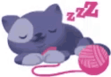a cartoon cat is sleeping next to a ball of yarn .