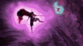 a purple background with a person in a cape