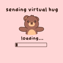 a cartoon of a teddy bear says sending virtual hug loading ... hug sent