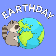 an illustration of a raccoon holding a globe with earth day written above it