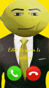 a cartoon of a lemon in a suit and tie talking on a phone