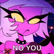 a cartoon character with purple hair and yellow eyes is holding a heart and says `` no you '' .