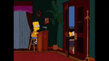bart simpson sits at a podium talking to a man in a hat who is holding a key in his hand