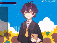 a boy with purple hair is holding a teddy bear in front of a blue sky and sunflowers