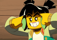 a cartoon character covering her ears with her hands and smiling