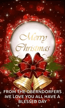 a merry christmas card with bells and a bow on a red background