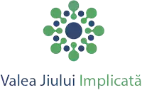 a logo for valea jiului implicata has a blue and green flower