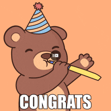 a teddy bear wearing a party hat is blowing a party horn and the words congrats are below him