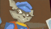 a cartoon of a raccoon wearing a blue hat and vest