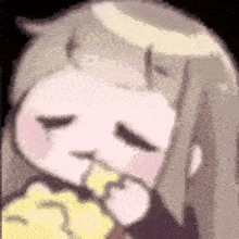 a cartoon girl is eating a piece of food with her eyes closed and her hand on her chin .