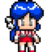 a pixel art of a girl with blue hair and a red dress