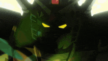 a close up of a robot 's face with yellow eyes and a red emblem
