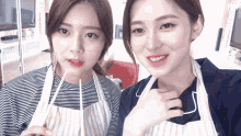 two women wearing aprons are posing for a picture together