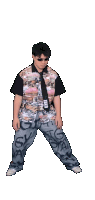 a man wearing a shirt that says ' g ' on it and pants that say ' g ' on them