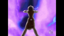 a person is standing in front of a purple background with a purple lightning bolt coming out of their chest .