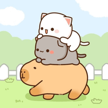 a cartoon of a cat riding on the back of a brown bear