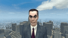 a man in a suit and tie is standing in front of a city skyline