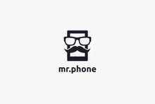 a logo for mr.phone shows a man with glasses and a mustache .