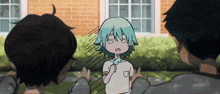a girl with green hair is standing in front of a building