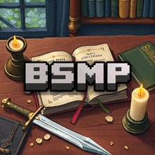 a table with a book a sword and candles and the words bsmp on the top