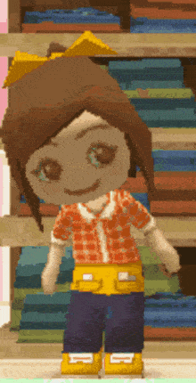 a pixel art of a girl wearing a plaid shirt and yellow shorts
