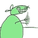 a cartoon drawing of a green mouse holding a bottle .