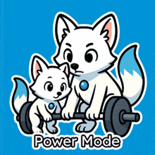 a cartoon illustration of two foxes lifting a barbell with the words power mode below them