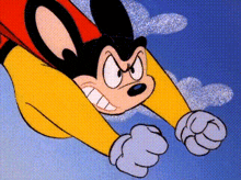 a cartoon mouse is wearing a red cape and flying through the air .