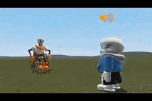 a cartoon character in a wheelchair is standing next to a cartoon character in a wheelchair .