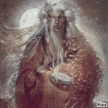 a painting of a woman with smoke coming out of her mouth and the words pixiz on the bottom