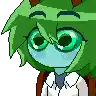 a pixel art drawing of a person with green hair and big green eyes .