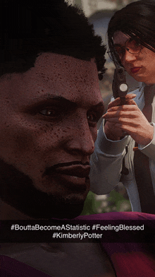 a woman holding a gun next to a man with the caption bouttabecomeastatic