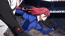 a girl with red hair is running in front of a banner that says bluelock blue