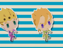 two cartoon characters standing next to each other on a striped background