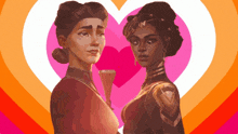 a couple of women standing next to each other in front of a heart
