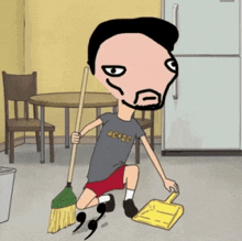 a cartoon of a man holding a broom and wearing an ac dc shirt