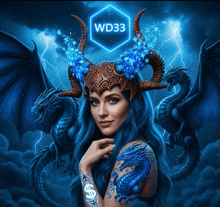 a woman with blue hair is surrounded by dragons and a sign that says wd33 on it
