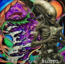 a painting of an alien holding a bunch of money with the words $ lotto on the bottom right
