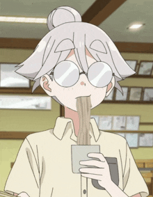a girl with white hair and glasses is eating noodles