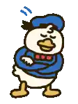 a pixel art drawing of donald duck wearing a blue hat and a blue shirt .
