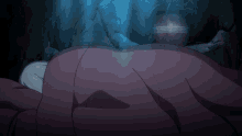 a girl is wrapped in a pink blanket in a dark cave