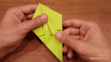 a person is holding a piece of green paper and the words made in animotica are visible