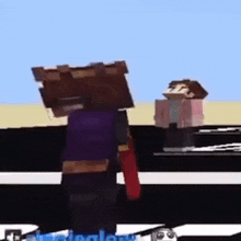 a couple of minecraft characters are standing next to each other on a road .