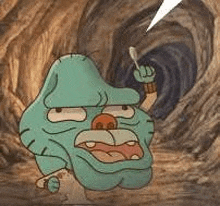 gumball from the amazing world of gumball is standing in a cave holding a spoon in his hand .
