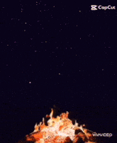 a fire is burning in the dark with a starry night sky in the background
