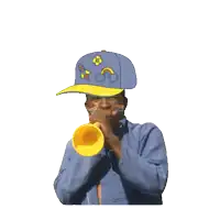 a man wearing a blue hat is blowing a yellow trumpet with the words " a reason to feel " below him